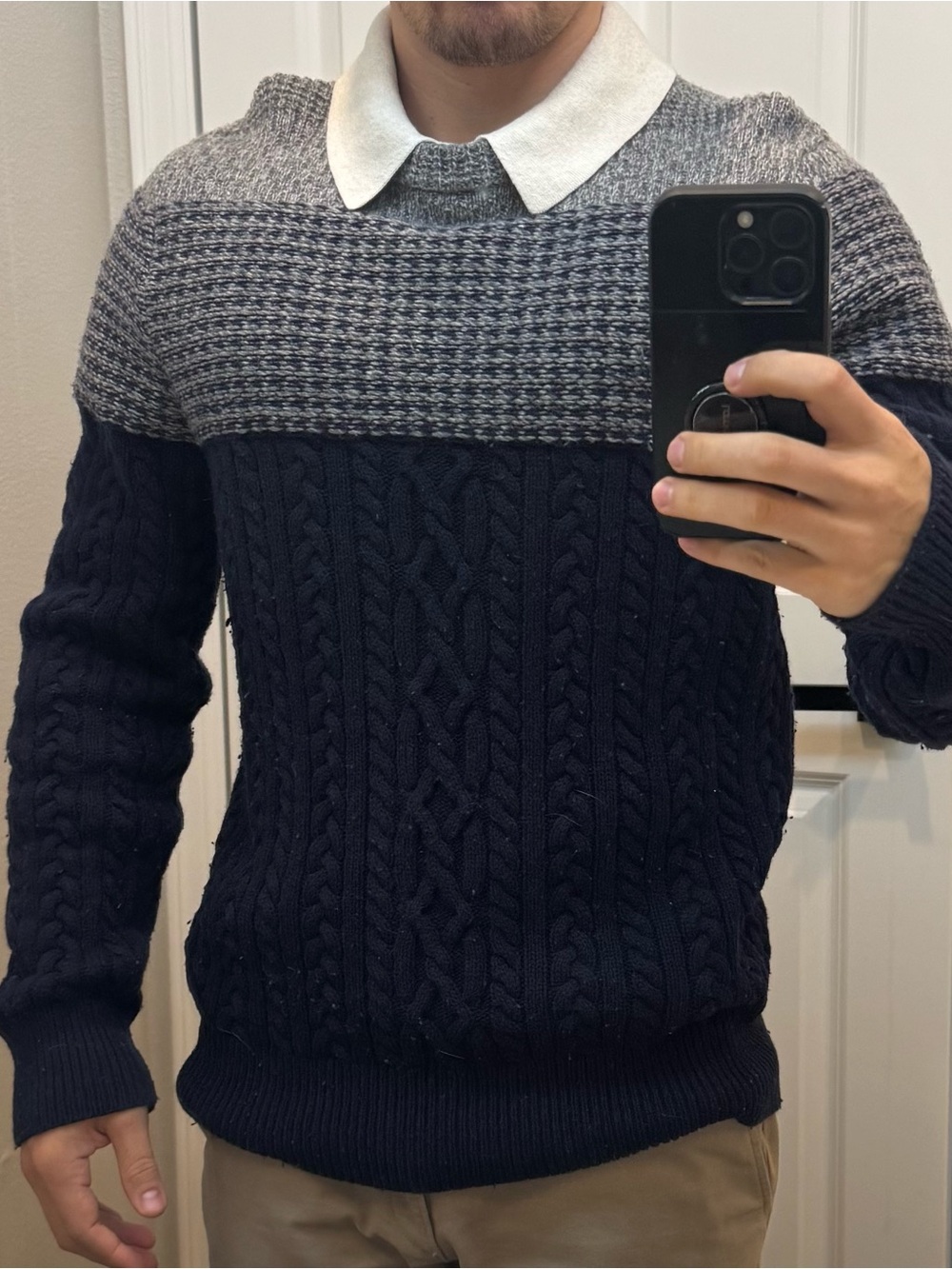 L.L. Bean Two-Tone Cable Knit Crewneck Sweater - Navy & Gray
